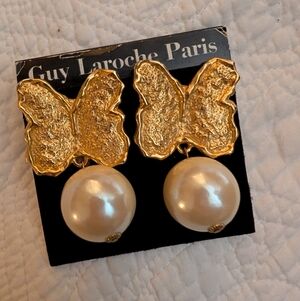 Guy Laroche Gold Butterfly Earrings with White Pearls